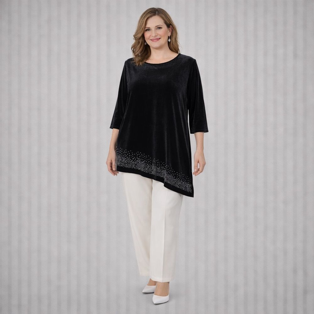 NWT Chico’s Black Velvet Rhinestone Tunic XL Asymmetrical Hem Romantic Goth